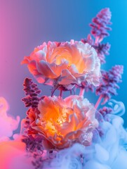 Ethereal image of flowers surrounded by smoke with dynamic colored lighting effects