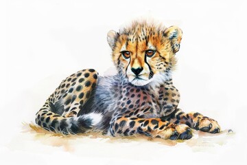 Obraz premium A cheetah cub clipart, playing, watercolor painting, soft and playful colors, isolated on white background