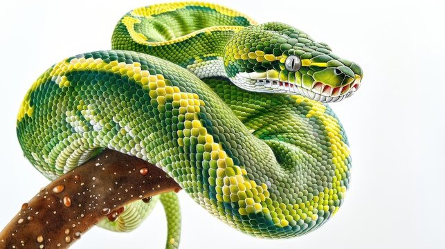 A green tree python clipart, coiled on a branch, watercolor effect, bright greens and yellows, isolated on white background