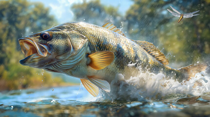 Obraz premium A beautiful large mouth bass jumping out of the water to catch an insect, the background is lush greenery and clear blue waters, there's a dragonfly in mid air above the fish, airbrush painting. 