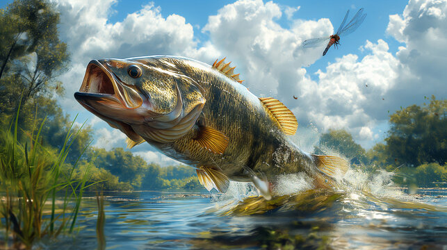 A beautiful large mouth bass jumping out of the water to catch an insect, the background is lush greenery and clear blue waters, there's a dragonfly in mid air above the fish, airbrush painting. 