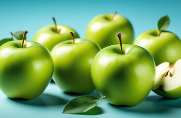 Fresh organic green apples, apples background, top view on blue background. Vegetarian food concept