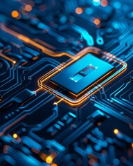 Close-up of a computer processor on a circuit board, illuminated by glowing lights.