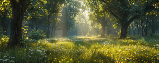Fototapeta premium A tranquil woodland glade illuminated by dappled sunlight filtering through the trees.