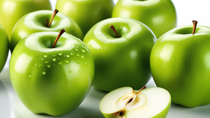 Background of many fresh organic green apples, apples background, top view. Vegetarian food concept