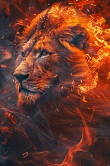Naklejka premium Embers of Dominion: Intense Portrait of a Lion Wrapped in Flames