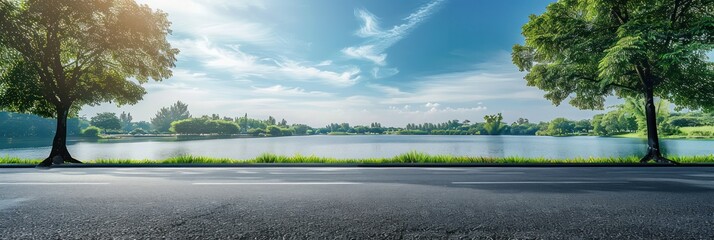 Empty asphalt road and green trees with blue sky background over the lake in summer, landscape nature view from side of empty street for product display.