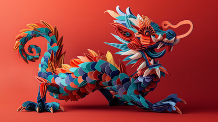 Naklejka premium Origami paper handcrafted dragon with red background 