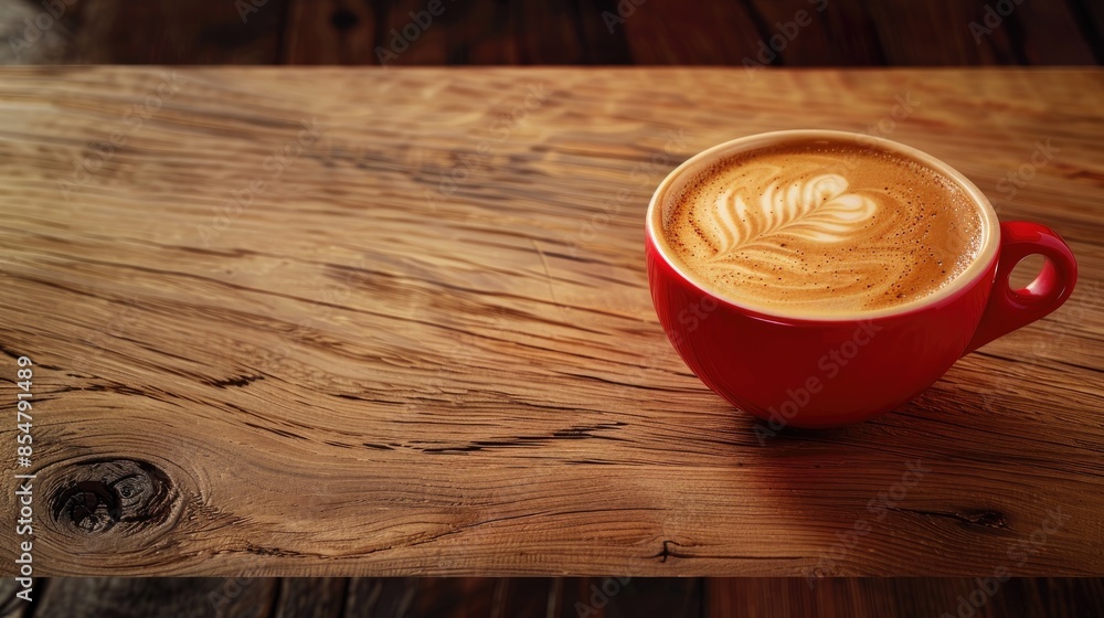 Poster fresh coffee with latte art in red cup on wooden table empty space for text