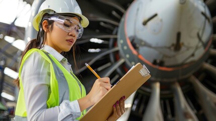 Woman engineer in white hardhat standing and writing on a clipboard in front of an airplane engine, Aircraft maintenance concept.