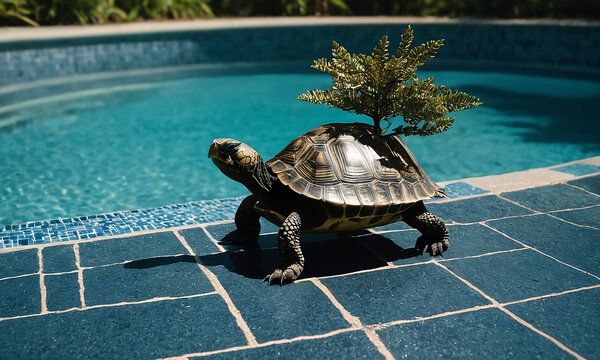 a turtle by the pool. The turtle has a distinctive shell with brown, black and light brown patterns. On the turtle's back are small plants that resemble mini trees