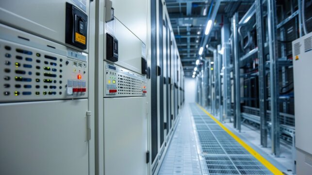 A narrow hallway in a server room with rows of metal cabinets. The cabinets have various lights and controls on them.