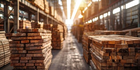 Fototapeta premium Stacks of Lumber in a Warehouse with Sun Rays Streaming In