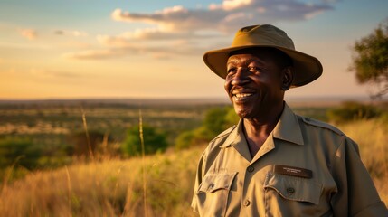 African man standing by safari vehicle wearing hat and white shirt and holding binoculars scans landscape looking for wildlife