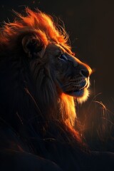 Naklejka premium Ember Monarch: Majestic Lion Bathed in Sunset's Glow