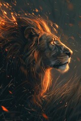 Naklejka premium Ember Monarch: Majestic Lion Bathed in Sunset's Glow