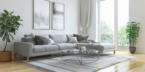 A modern living room interior featuring a minimalist Scandinavian design. Light wood flooring, white walls, a grey sectional sofa with cozy throw blankets, and a glass coffee table. Large windows