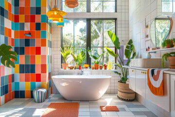 Bright modern bathroom with a colorful design. Vibrant tiles, white cabinetry, and playful decor. Large windows, potted plants, and unique lighting.
