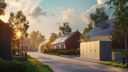 Fototapeta premium A quiet suburban street with houses featuring solar panels on their roofs, illuminated by the warm glow of the setting sun.