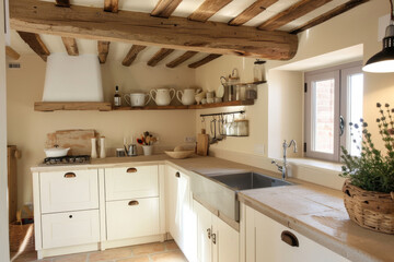 Fototapeta premium Cozy and inviting modern kitchen with a rustic touch. Wooden beams on the ceiling, stone countertops, and a farmhouse sink. White cabinets, open shelving, and vintage-style light fixtures.