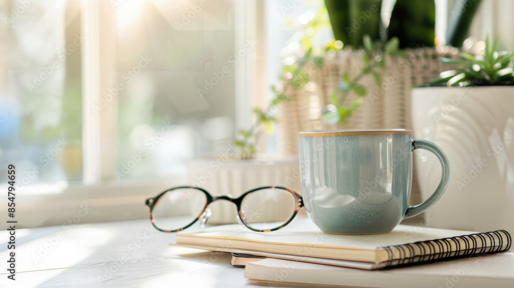 Poster cup of coffee is standing on a table with a notebook and eyeglasses in front of a window with plants