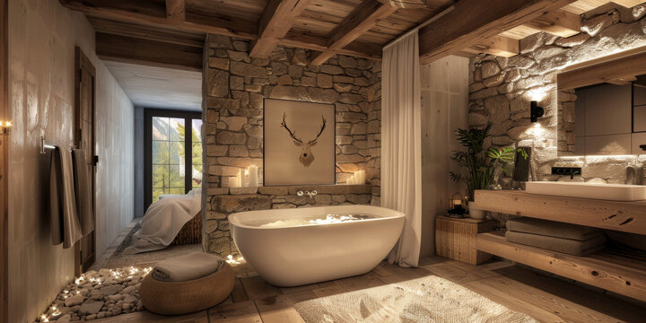 Cozy modern bathroom with a rustic touch. Wooden beams, stone walls, and a freestanding bathtub. Soft textiles, warm lighting, and vintage decor.