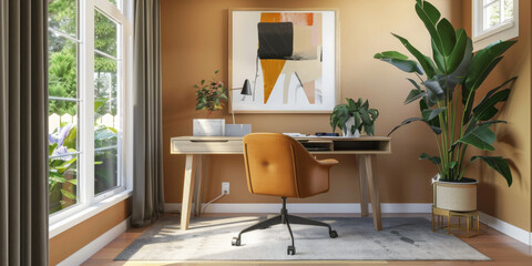 Cozy modern home office with a mid-century modern style. Wooden desk, colorful chair, and abstract wall art. Large windows, green plants, and warm lighting.