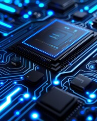 Fototapeta premium Close-up of a futuristic circuit board with glowing blue lights.