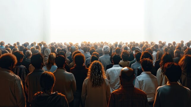 A crowd of people praying with their backs turned, white background. Generative AI.