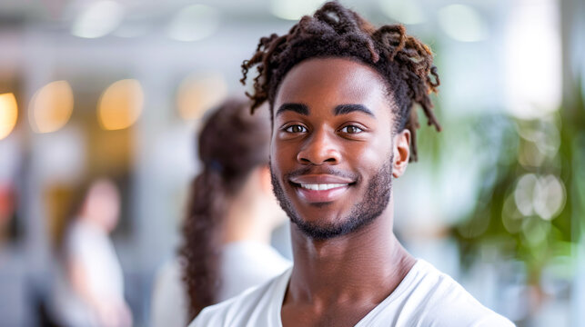 A young black man with dreadlocks smiles and looks at the camera. He is wearing a white t-shirt