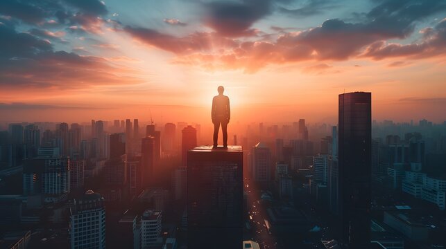 City skyline at sunrise and sunset with urban buildings silhouetted against the colorful sky