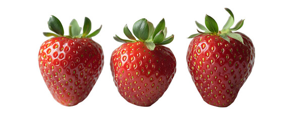 strawberries with green leaves isolated on a transparent background, highlighting their vibrant red color and detailed texture, perfect for food and health themes.
