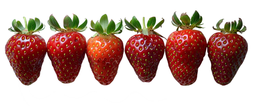 strawberries with green leaves isolated on a transparent background, highlighting their vibrant red color and detailed texture, perfect for food and health themes.