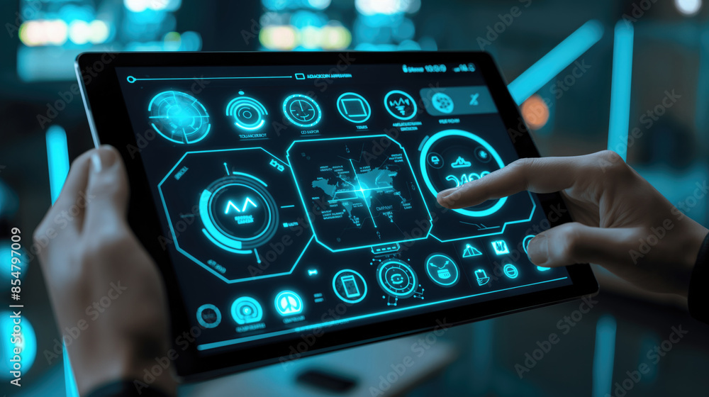 Aufkleber hands using futuristic digital tablet interface with holographic ui in high tech environment.