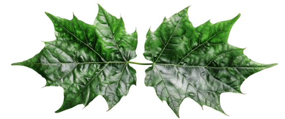  two glossy green leaves isolated on a transparent background, showcasing their detailed texture and vibrant color, perfect for botanical, nature, and environmental themes.