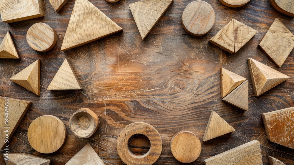 Aufkleber geometric shapes on wooden surface with space for text overhead view flat lay