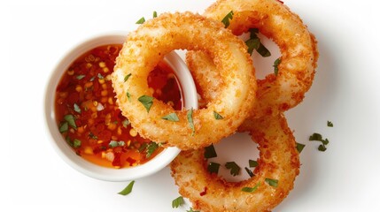 Onion ring served with a sweet and spicy dipping sauce against a white backdrop