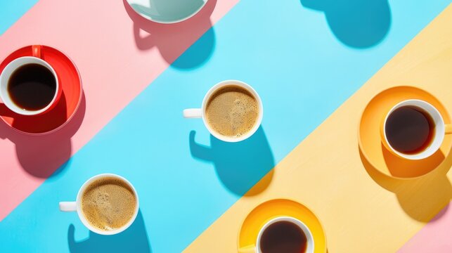 Minimalistic coffee cup pattern with pop art design viewed from above with creative concept and copy space