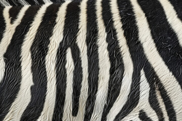 Detailed close-up view of a zebra's hide, showcasing intricate black and white stripes. Perfect for nature-themed projects, this image captures the beauty of african wildlife