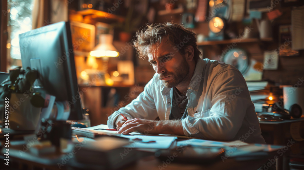 Aufkleber portrait of a young man with a laptop working in a small office. a smiling man works on a computer a