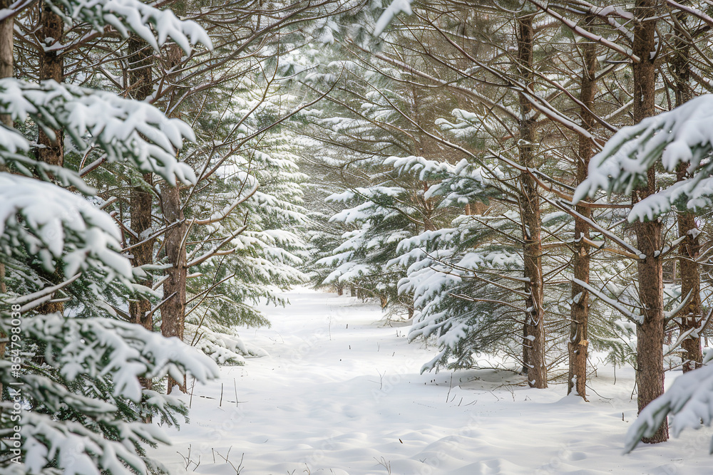 Poster Tranquil Winter Fir Forest with Soft Snow and Light Rays  