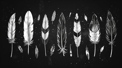 A set of different white fluffy bird feathers on a black background