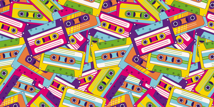 90s retro elements. Pattern with an audio tape. Color illustration in trendy flat style. Aesthetics of the 90s