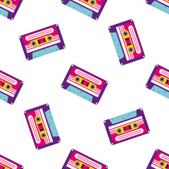 90s retro elements. Pattern with an audio tape. Color illustration in trendy flat style. Aesthetics of the 90s