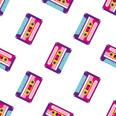 90s retro elements. Pattern with an audio tape. Color illustration in trendy flat style. Aesthetics of the 90s