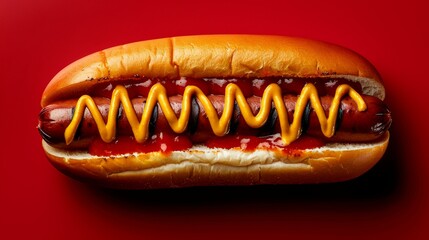 Classic Hotdog: A top view of a classic hotdog , isolated on a red surface.