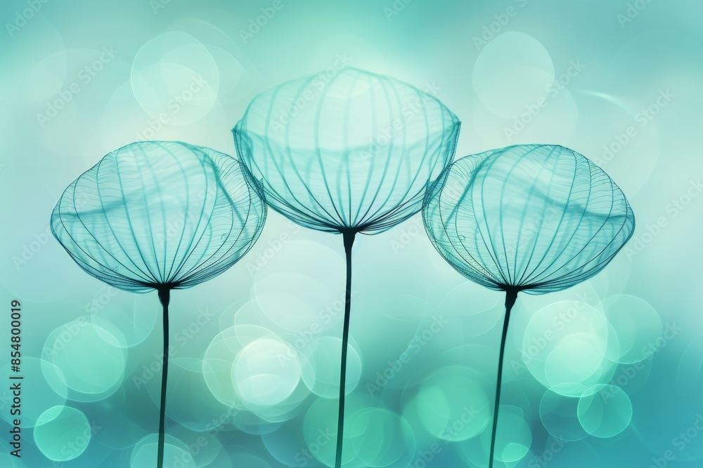 Poster Dandelion seeds floating on gentle blue background with bokeh effects for a serene view