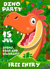 Kids birthday dino party invitation flyer with cute funny dinosaur. Vector vivid banner with cheerful smiling cartoon reptile amid a jungle backdrop with decorative bunting Invite for fun celebration