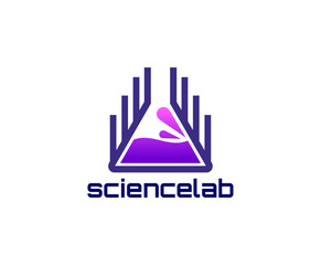 Science lab icon for chemical innovation and scientific discovery. Isolated vector emblem with stylized beaker contains purple liquid, embodying laboratory test, exploration, pharmaceutical research