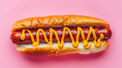 Classic Hotdog: A top view of a classic hotdog , isolated on a pink surface.
